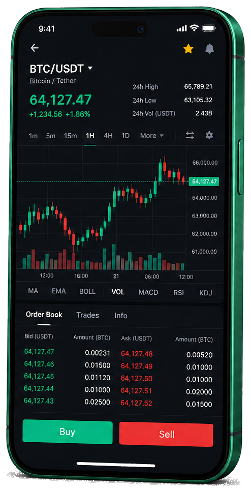 Steadvestor mobile trading interface showing a live BTC/USDT chart, order book and buy or sell controls